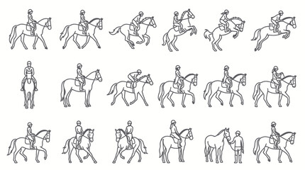 Obraz premium Equestrian Horse Riding Line Art Icons. Black and White Outline Glyphs of Riders and Horses in Various Poses and Activities