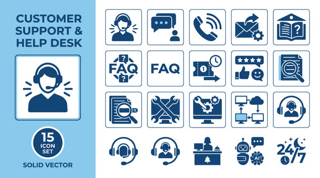 Customer support icon set. Help desk and technical service vector symbols for business.