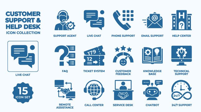 Customer support icon set. Help desk and service center vector symbols for business.