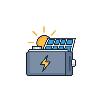 Solar battery charging icon with solar panel and sun representing renewable energy storage