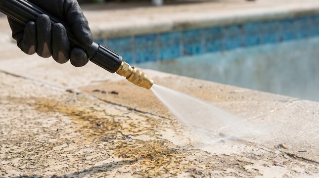 Power washing dirty pool deck surface with high pressure water spray