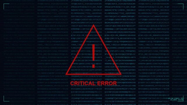 Ransomware. Red warning triangle with critical error text over code
