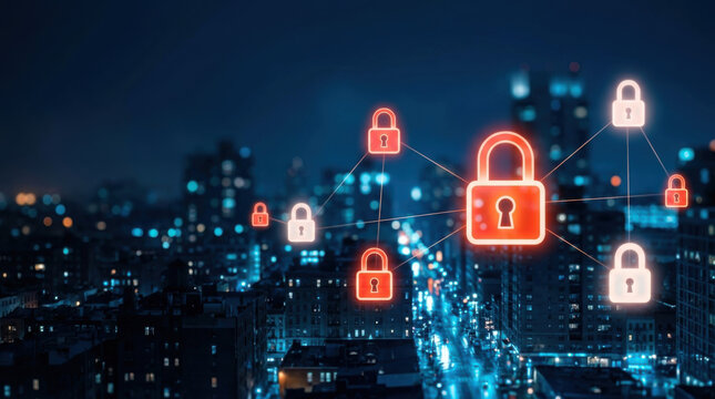 Network of red and white padlock icons over a night cityscape, illustrating data breach risk, cyber threat monitoring and layered digital security