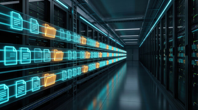 Data center corridor with server racks and streaming file and folder icons, illustrating cloud storage, file transfer and enterprise information management