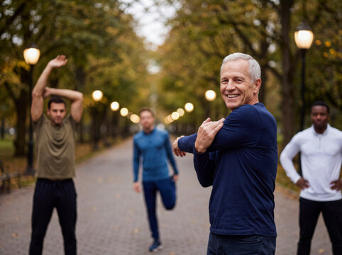 Group of diverse men stretching in an autumn park, enjoying a healthy outdoor workout together, looking at camera.