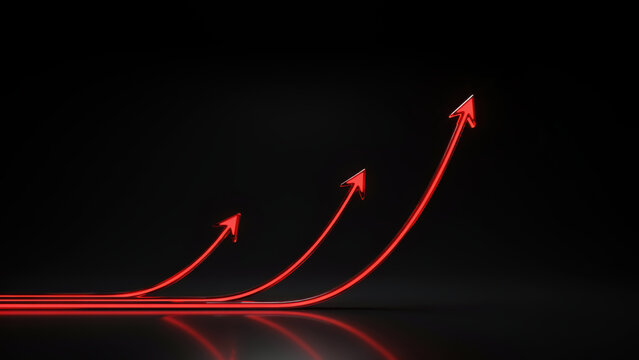 Three red neon arrows sweeping upward from horizontal light lines on black, symbolizing exponential business growth, sales acceleration and rising revenue