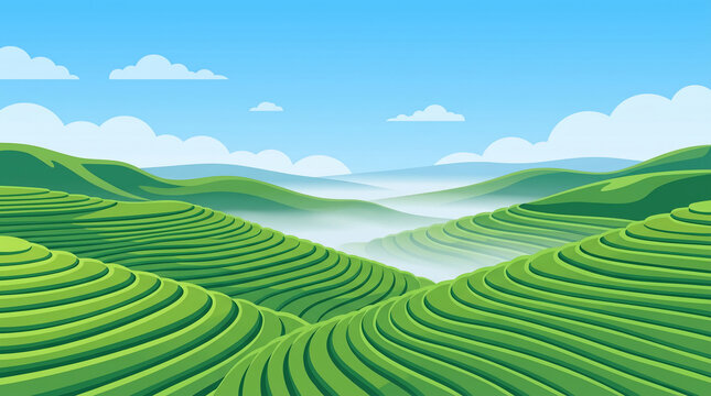 Fresh green tea plantation terraces on rolling hills with soft morning mist and blue sky vector.