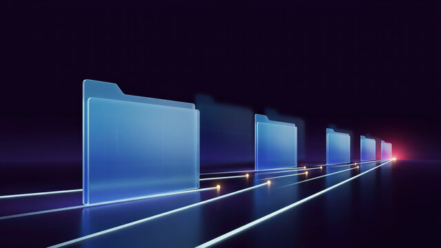 Row of glowing digital folders receding into darkness with light data trails, symbolizing file archiving, document management and organized data storage