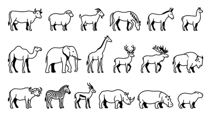 Naklejka premium Black and White Line Art Animal Icons Set. Diverse Mammals Collection for Wildlife, Farm, and Education.