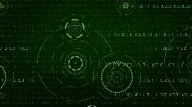 glowing green digital interface displays scrolling binary code and rotating HUD indicators for cybersecurity and technology concepts