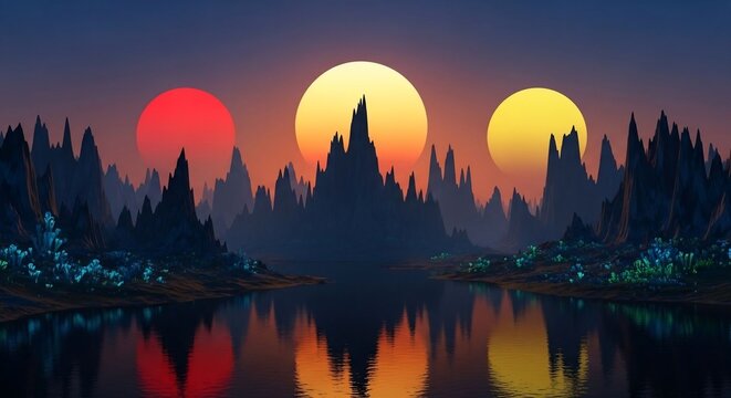 Three suns over mountains