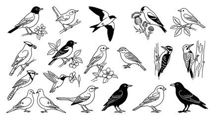 Naklejka premium Black and White Line Art Bird Collection: Nature Outline Illustrations of Various Avian Species