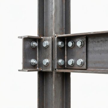 Industrial steel beam connection with bolted metal joist system in construction setting with captures close up view heavy duty steel beams securely fastened multiple bolts
