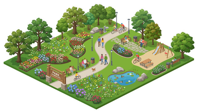 Illustration of a vibrant urban park scene with walking paths, playgrounds, water features, and diverse visitors enjoying