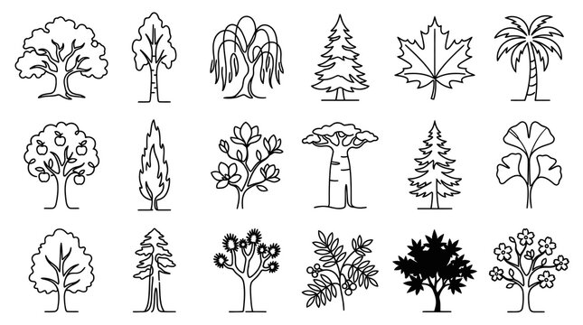 Nature and Botany Trees Continuous Line Art Icons Set - Diverse Plant  Leaf Black  White Outline Illustrations