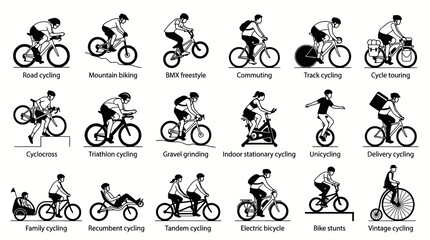 Fototapeta premium Black and White Outline Icons: Diverse Cycling Types for Sports, Recreation, and Transportation.