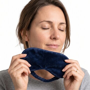 A woman peacefully holding a dark blue eye mask to her face, eyes closed as if preparing for sleep or meditation. She has a calm and relaxed expression.