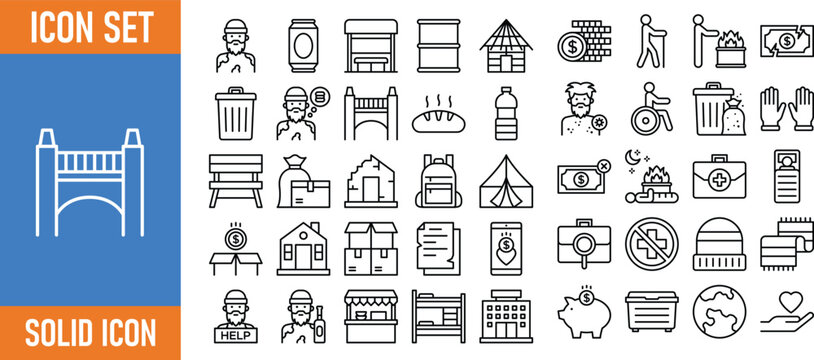 Collection of solid icons related to homelessness, aid, and basic needs for vulnerable people.