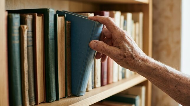 Elderly man choosing a book from a wooden bookshelf in a library representing knowledge and wisdom