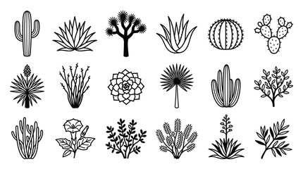 Fototapeta premium Black and White Line Art Desert Plants and Cacti Vector Icons Set - Botanical Outline Flora Collection