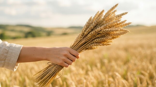 Woman holding wheat sheaf in golden wheat field representing harvest and agriculture