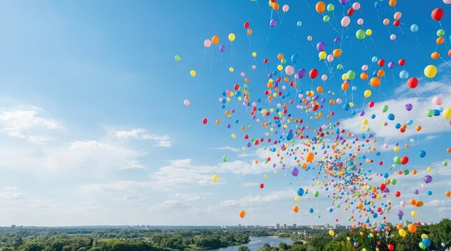 Colorful balloons releasing into the bright blue sky above green landscape for celebration