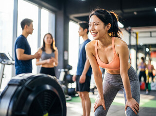 Fototapeta premium Happy young Asian woman taking a break and smiling during a challenging workout session at the modern gym studio.