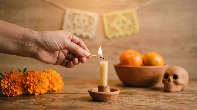 Woman lighting a candle for Dia de los Muertos ofrenda altar with marigolds and skull