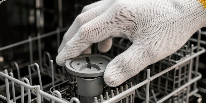 Gloved hand cleaning and maintaining dishwasher filter unit in kitchen appliance maintenance and repair concept