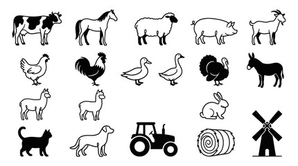 Naklejka premium Farm Animals and Agriculture Icons Set in Black and White Line Art Style - Livestock Rural Glyphs