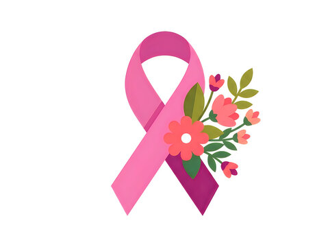 Pink ribbon with flowers symbolizing breast cancer awareness and hope for a cure