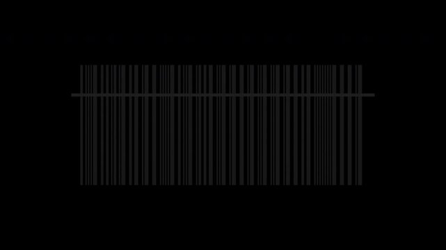 Black barcode with scanning laser line moving, checkout scan loop, transparent background
