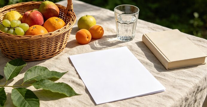 Outdoor Picnic Table Fruit Basket Apples Oranges Grapes Water Paper