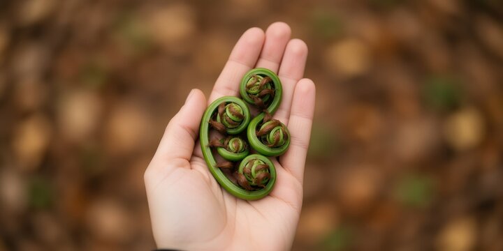 Fiddlehead ferns in human hand closeup, representing spring foraging, nature exploration, wild edible plants, and botany concepts.