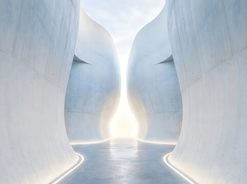 Abstract conceptual background featuring a glowing light portal between two smooth curved architectural structures in a minimalist setting