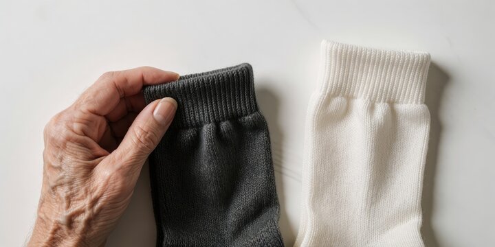 Elderly person holding grey and white wool socks showcasing soft knit texture for warmth and comfort