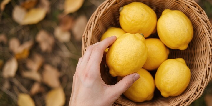 Fresh yellow lemons in a wicker basket being picked by a woman's hand representing organic harvest and citrus fruit farming concepts