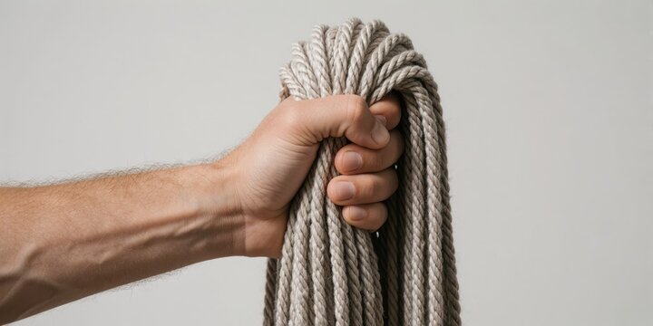 Adult male hand holding a bundle of grey rope on a light background representing control and grip strength
