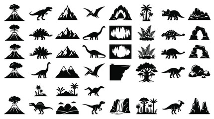 Comprehensive collection of black dinosaur silhouette icons including T-Rex, Triceratops, and Stegosaurus alongside erupting volcanoes, mountain peaks, jungle foliage, and cave elements. © VectorSuka