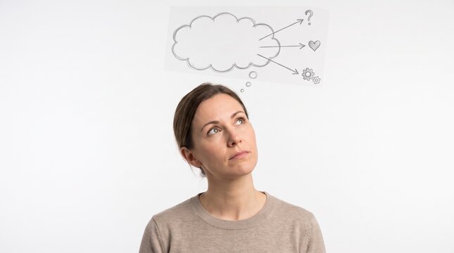 Thoughtful woman with decision making thought bubble concept