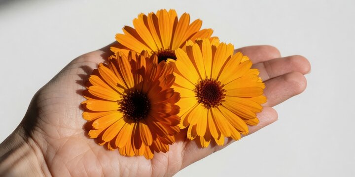 Three vibrant orange calendula flowers resting gently on an open human palm for natural medicine and holistic wellness concepts