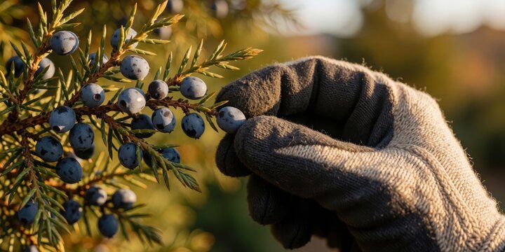 Gloved hand harvesting fresh blue juniper berries from evergreen branch on sunny day