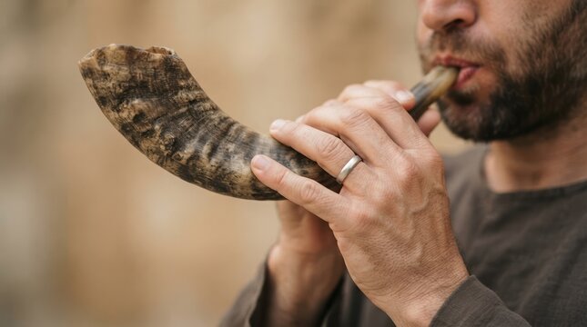 Man blowing a traditional shofar horn during a religious ceremony or holiday ritual close up