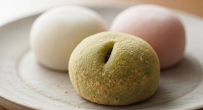 Three colorful mochi dessert presentation