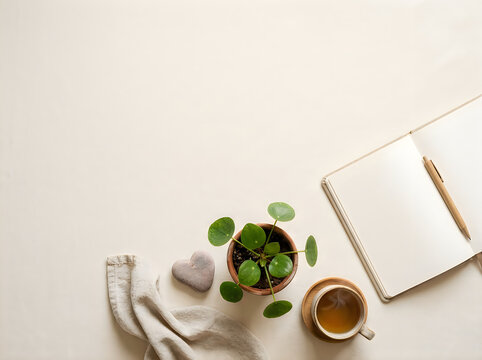 Minimalist flat lay workspace with an open notebook a cup of coffee and a small green plant