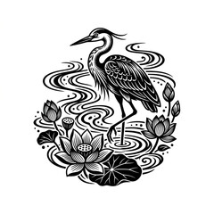 Naklejka premium Elegant Heron Standing in Water Surrounded by Lotus Flowers in Artistic Style.