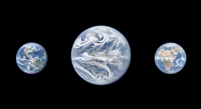 Three earth globes against black background