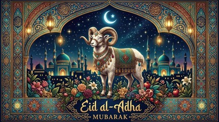 Fototapeta premium Ornate eid al adha mubarak featuring a decorated ram, floral and mosque silhouettes under a starry night sky