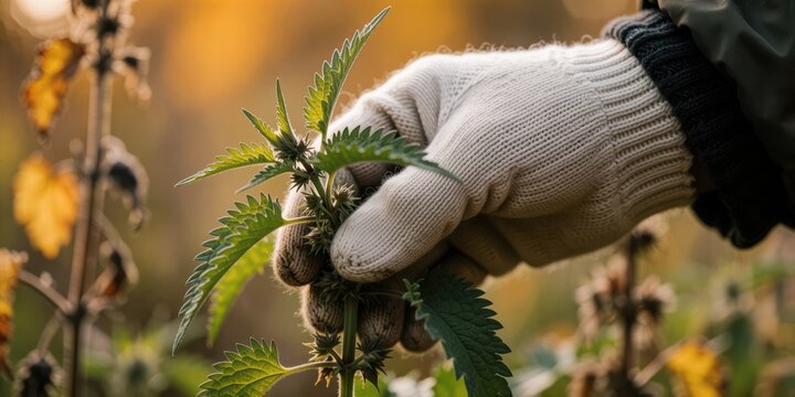 Gardener wearing protective gloves harvesting fresh stinging nettle plant outdoors in nature