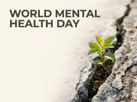 World mental health day concept with a small plant growing from cracked stone